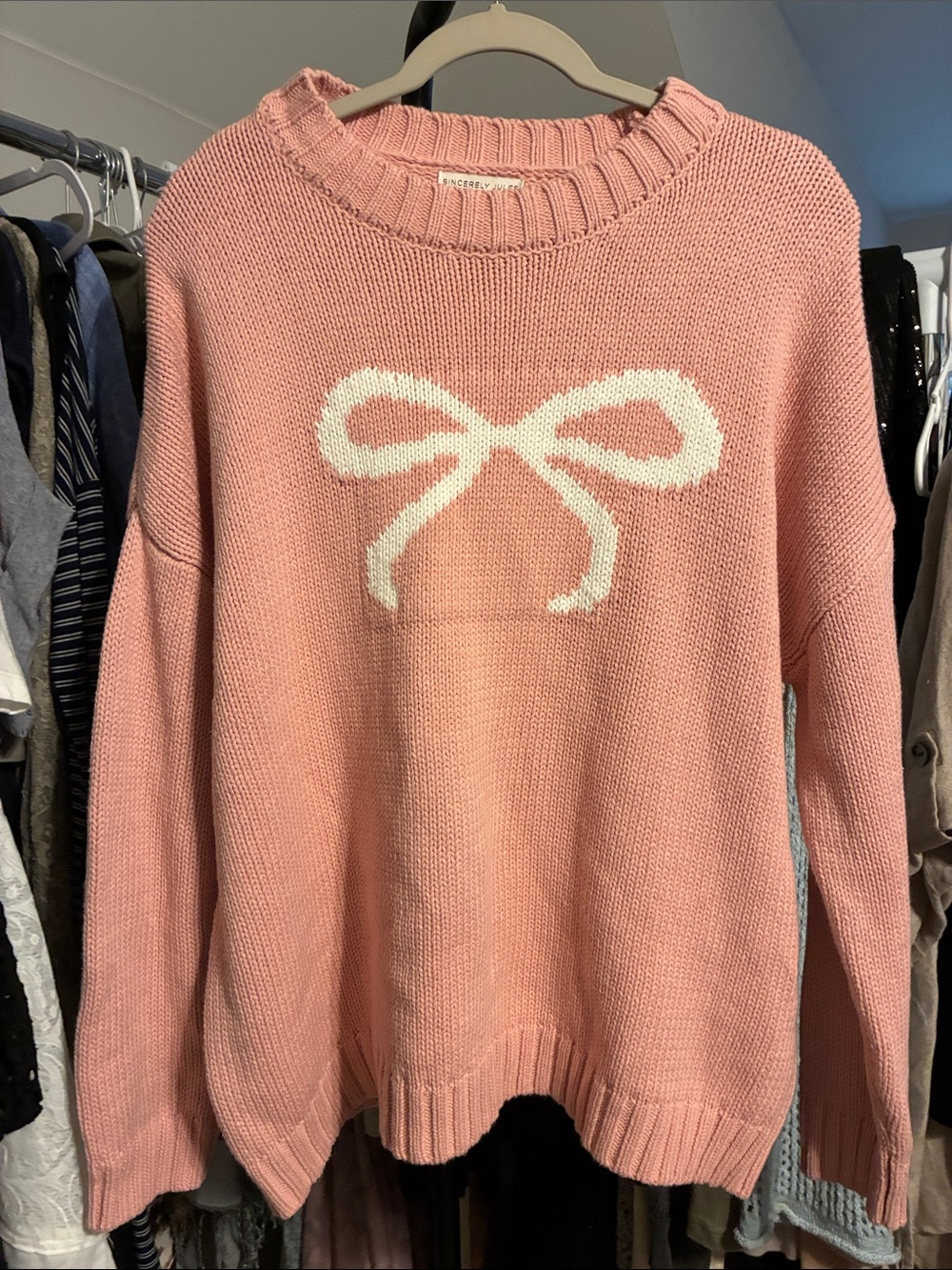 Sincerely Jules Pink Crewneck Sweater with White Bow Large